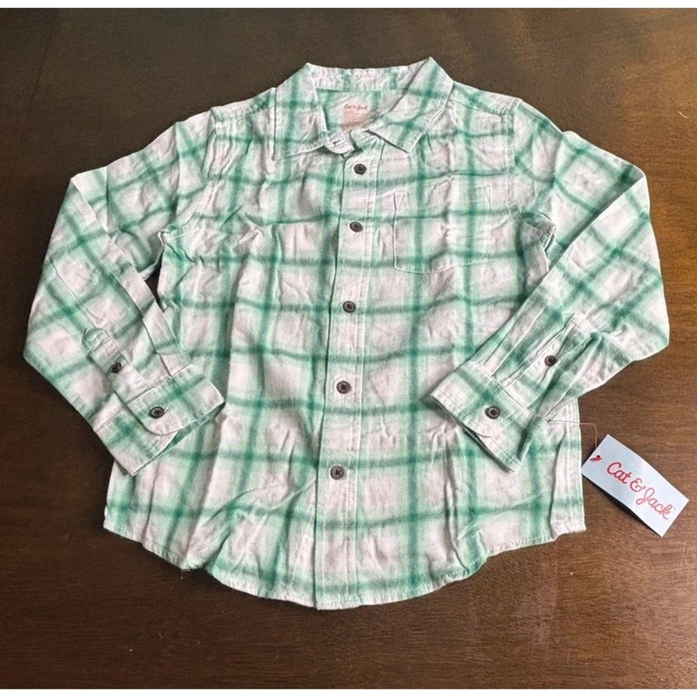 Boy XS(4/5) Green Plaid Longsleeves - Cat & Jack NWT Button Down Casual Boys
